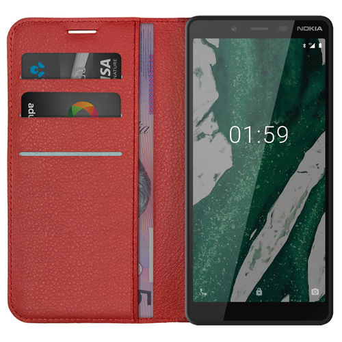 Leather Wallet Case & Card Holder Pouch for Nokia 1 Plus - Red